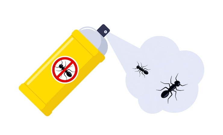 Vector pulverización de insecticida en aerosol de control de plagas de hormigas para la prevención de picaduras de insectos ilustración vectorial
