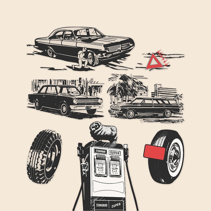 Vector pumppa de gas para neumáticos de automóviles, carro de carretera, rueda de viaje, logotipo retro, ilustración vintage, elemento vectorial de diseño