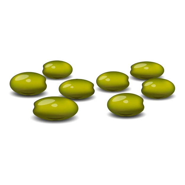 Un puñado de aceitunas verdes esparcidas en una superficie de verduras aisladas en un fondo blanco 3d ilustración de alimentos vectoriales realistas