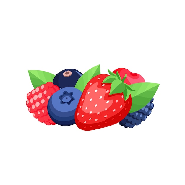 Un puñado de bayas Conjunto de bayas en estilo plano de dibujos animados Fresa frambuesa arándano