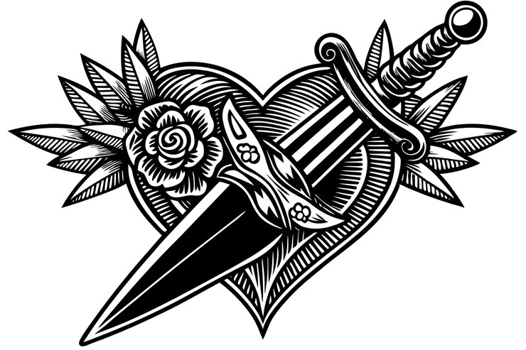 Vector puñal vintage en el corazón tatuaje aislado diseño vectorial inspirado