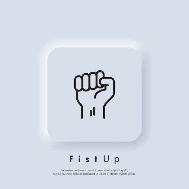 Puño hacia arriba. Éxito, concepto de fuerza. Puño de la mano de un hombre. Protesta. Vector. Icono de interfaz de usuario. Botón web de interfaz de usuario blanco Neumorphic UI UX.