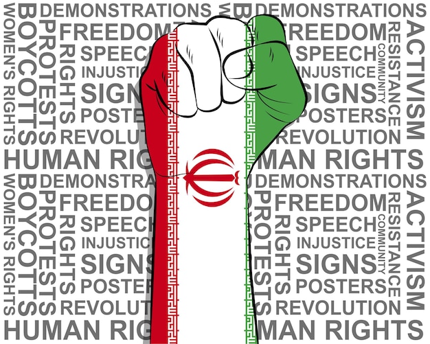Puño levantado en la bandera de Irán bandera de noticias políticas victoria o ganar concepto símbolo de libertad