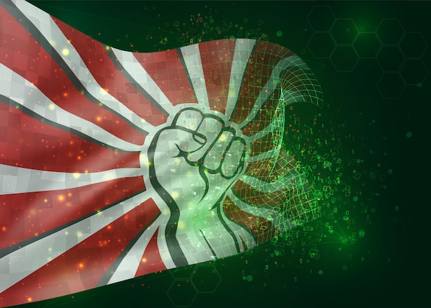 Puño de protesta, en vector bandera 3d sobre fondo verde con polígonos y números de datos