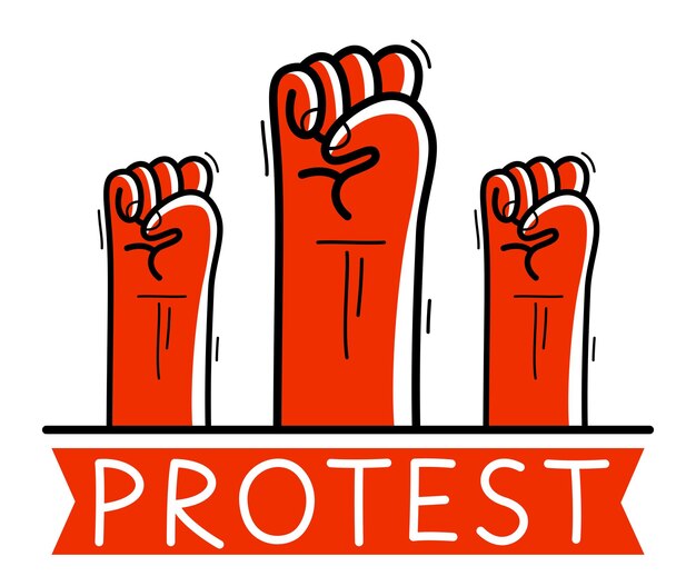 Los puños apretados protestan por los gestos de las manos levantados en una ilustración de estilo plano vectorial aislada en la rabia blanca, social y política o la revolución.