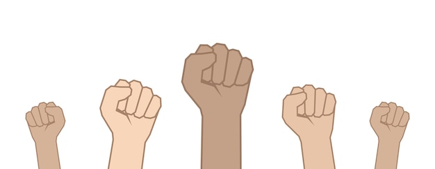 Puños con las manos en alto. Concepto de unidad, revolución, lucha, protesta.