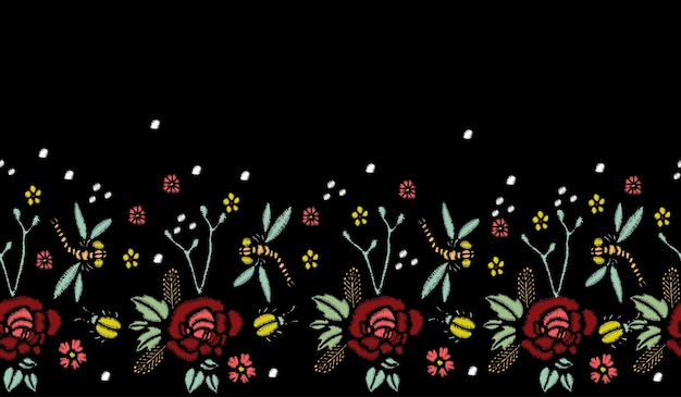 Puntadas De Bordado Con Rosas Flores De Prado