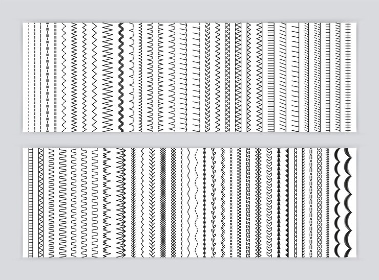 Vector puntadas de costura sin costura gran colección cepillo de bordado y costura conjunto de costuras de hilo de máquina elemento overlock en zigzag