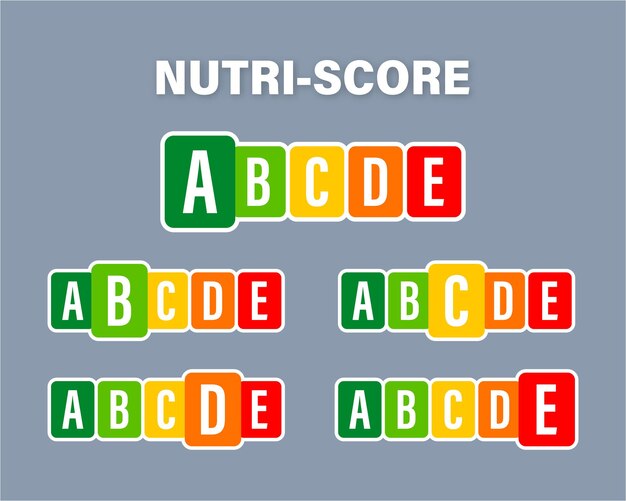 Puntaje Nutri para el diseño de envases. Logotipo, icono, etiqueta. Ilustración de stock vectorial.