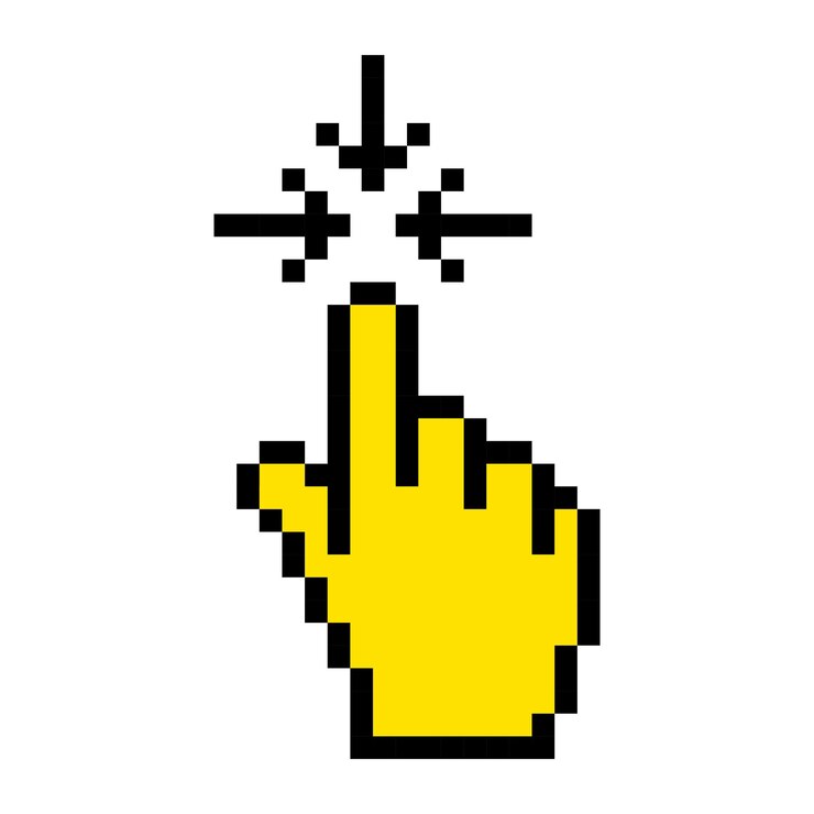 Vector puntero amarillo con icono de línea decreciente clic con la flecha del ratón de la computadora destacar el estilo de píxel de la pantalla icono multicolor sobre fondo blanco