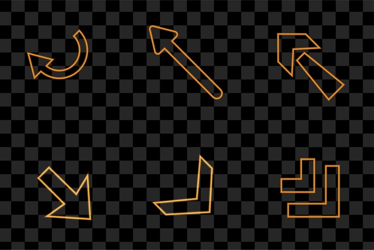 Vector puntero de flecha brillante de neón sobre fondo oscuro. colección de letreros de luz retro naranja y brillante
