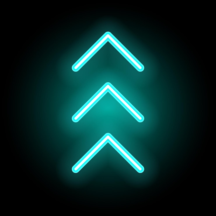 Vector puntero de flecha brillante de neón sobre fondo oscuro signo de luz retro colorido y brillante