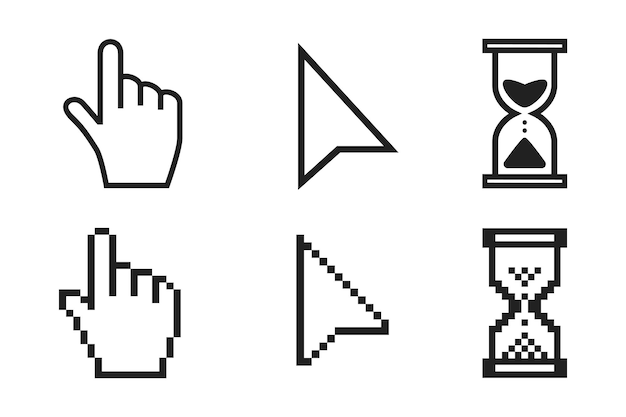 Puntero, flecha y reloj de arena cargando el reloj, los cursores del ratón, el icono, el signo, el elemento gráfico, el estilo plano.