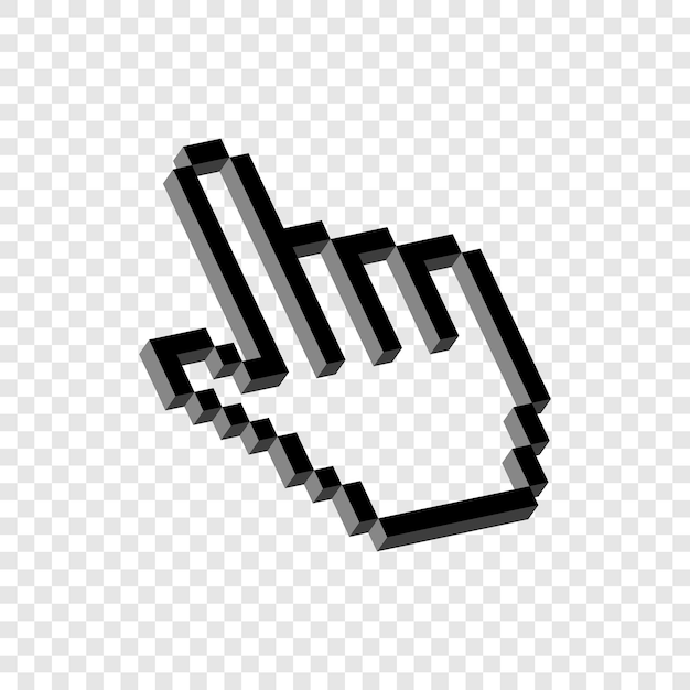 Puntero de mano pixel 3d aislado. cursor omline para enlaces y selección de acciones. remisión web para información y conexión vectorial.