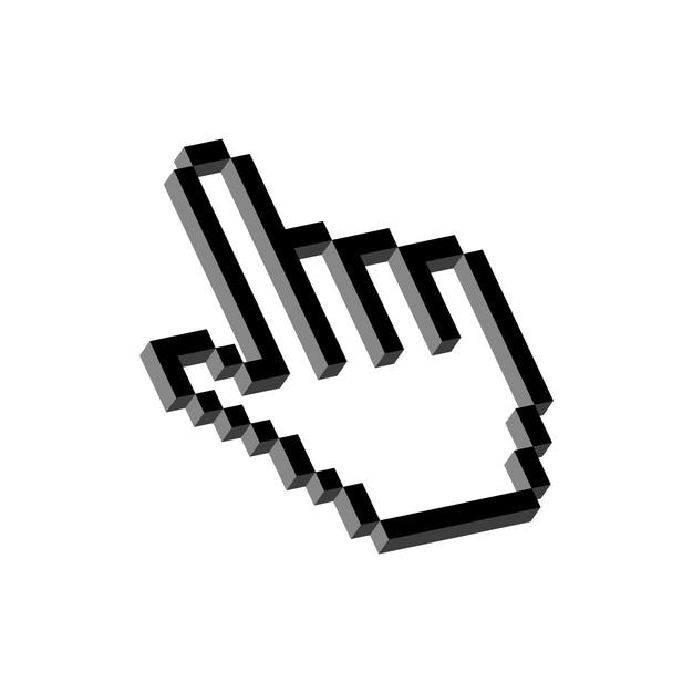 Puntero de mano pixel 3d. Cursor web para enlaces y selección de acciones. Remisión en línea para información y conexión de vectores