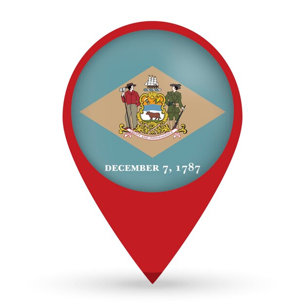 Puntero del mapa del estado de Delaware con sombra sobre fondo blanco Ilustración vectorial