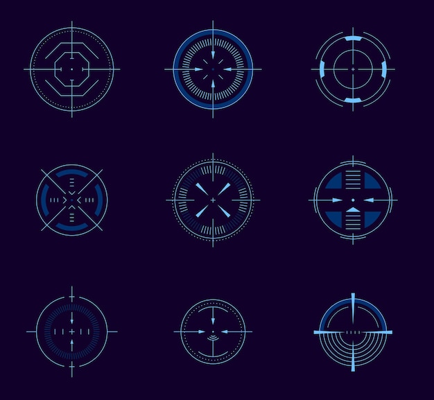 Puntero de objetivo futurista Círculo HUD elemento de interfaz de usuario arma colimador objetivo redondo enfoque digital UI activo de juego Vector símbolos de precisión aislados