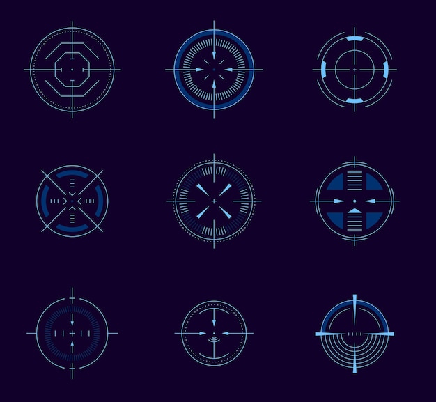 Vector puntero de objetivo futurista círculo hud elemento de interfaz de usuario arma colimador objetivo redondo enfoque digital ui activo de juego vector símbolos de precisión aislados