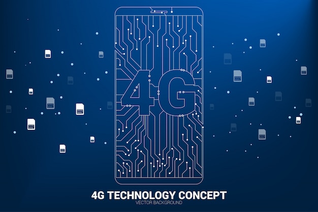 Punto 4G conecte el icono del teléfono móvil con estilo de placa de circuito de línea.