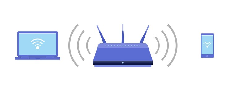 Punto de acceso WiFi Conexión de teléfono y computadora portátil al punto WiFi Icono de vector de enrutador inalámbrico