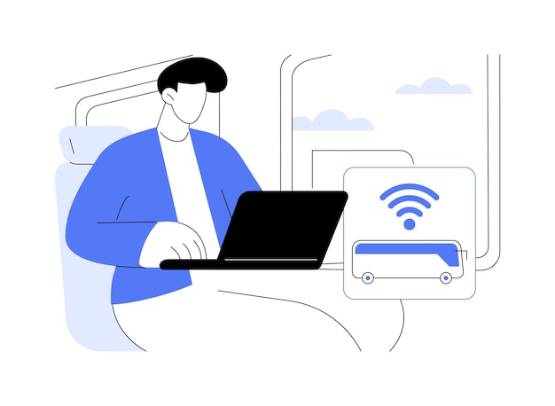 Punto caliente Wi-Fi aislado ilustraciones vectoriales de dibujos animados joven usando teléfono inteligente cuando viaja en el autobús