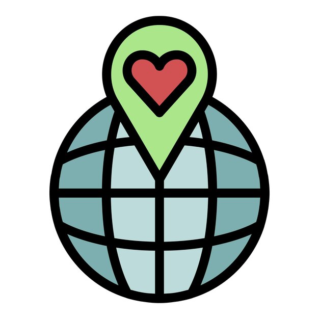Punto del corazón en el icono del globo Contorno del punto del corazón en el icono del vector del globo color plano aislado