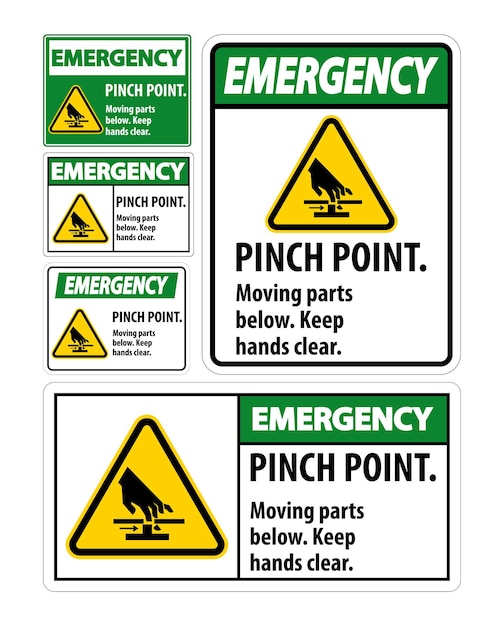 Punto de pinchazo de emergencia Partes móviles a continuación Mantenga las manos claras Símbolo Signo aislado en fondo blanco Ilustración vectorial EPS10