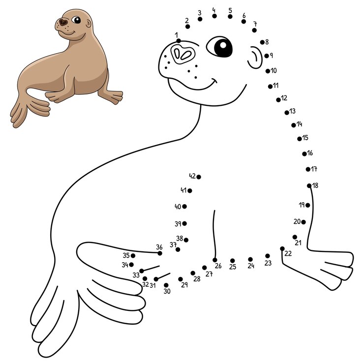 Vector punto a punto animal león marino página para colorear para niños