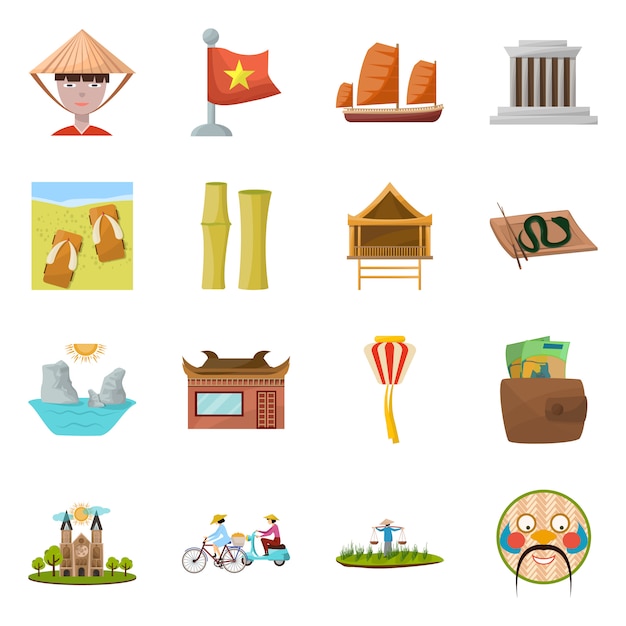 Punto de referencia del conjunto de iconos de dibujos animados de vector de vietnam. Vector ilustración aislada cultura nacional de vietnam.