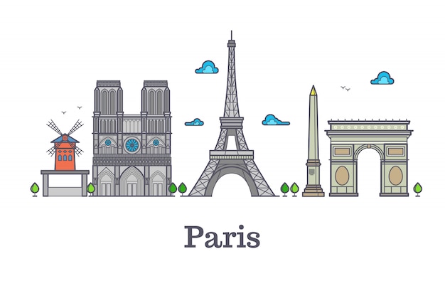 Punto de referencia de línea de viaje de francia moderna, ilustración de vector de panorama de parís