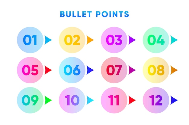 Puntos de bala Dirección Número de uno a doce Diferente color una gota Ilustración vectorial