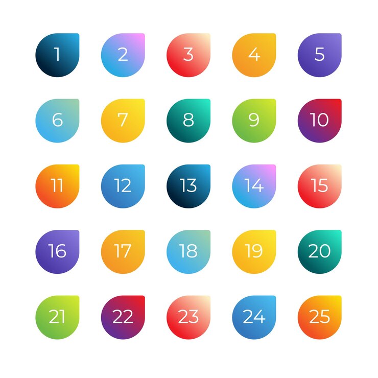 Vector puntos de bala con números de flecha de colores del 1 al 25
