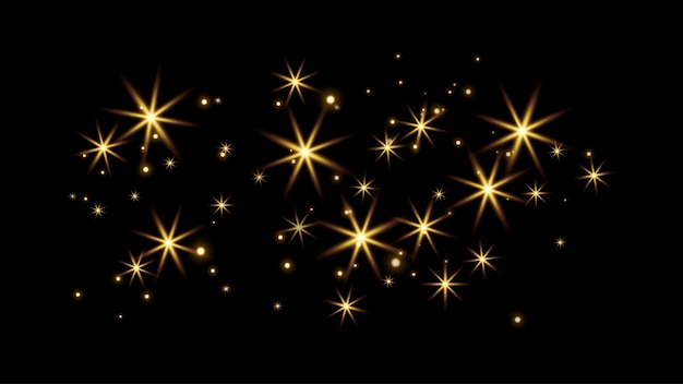 Vector puntos brillantes de oro, destellos, partículas y estrellas sobre un fondo negro. efecto de luz abstracta. puntos luminosos dorados. ilustración vectorial.