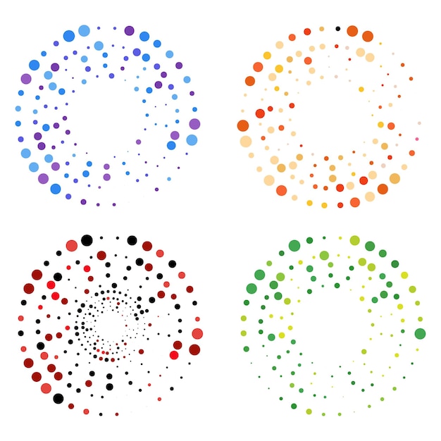 Puntos, círculos en espiral, remolinos, giros. Motas circulares, ilustración de puntos. Puntillista, puntillismo, elemento de arte punteado.