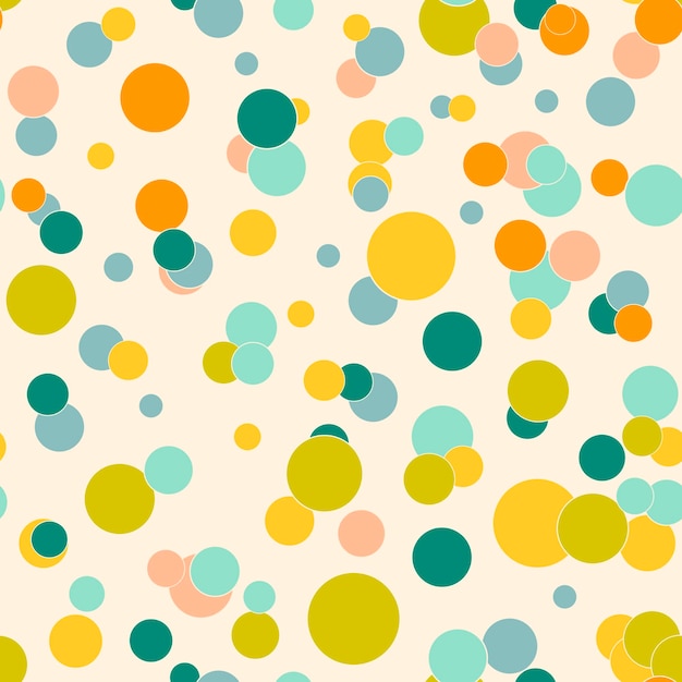 Puntos desordenados de colores sobre fondo beige. Patrón festivo sin fisuras con formas redondas.
