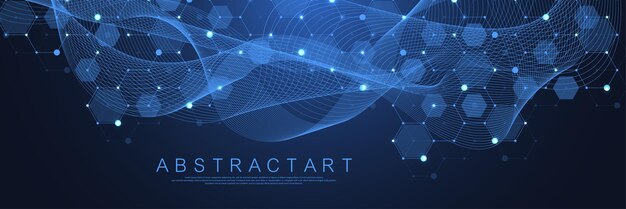 Puntos y líneas abstractas de tecnología conectan fondo con hexágonos