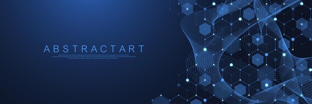 Puntos y líneas abstractas de tecnología conectan fondo con hexágonos