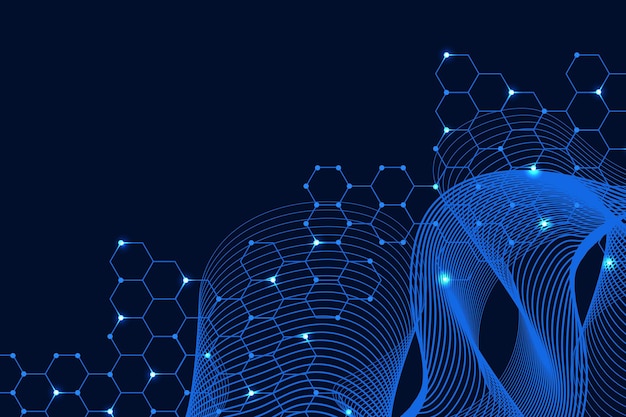 Puntos y líneas abstractas de tecnología conectan fondo con hexágonos
