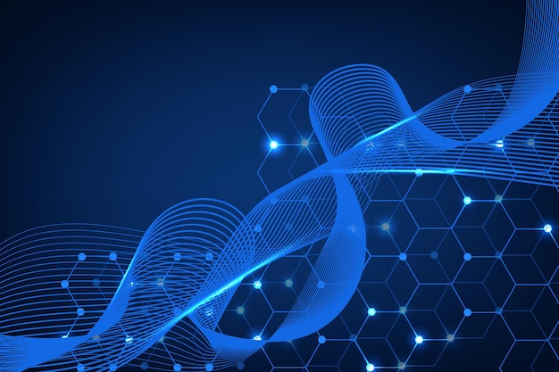 Puntos y líneas abstractas de tecnología conectan fondo con hexágonos