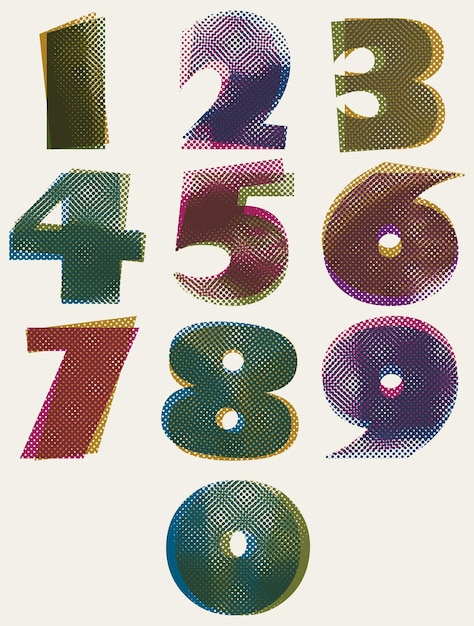 Puntos de medio tono números en negrita píxeles de color sucio impresión textura números conjunto vectorial