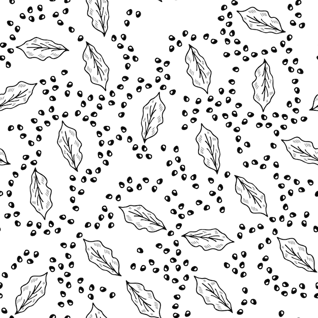 Puntos negros hojas doodle sin costuras