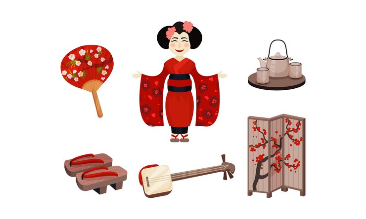 Vector los puntos de referencia de japón con la ceremonia del té y el conjunto de vectores de geishas