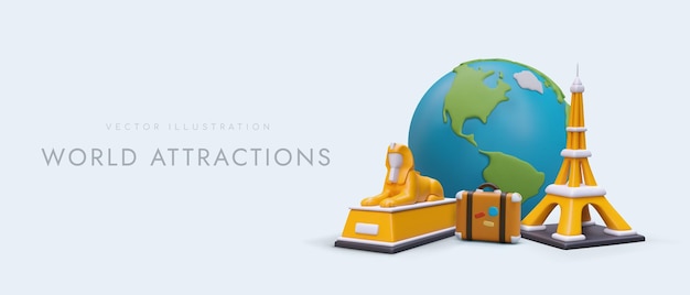 Puntos de referencia del mundo Viajes alrededor del mundo Plantilla de póster publicitario colorido en estilo de dibujos animados Servicios turísticos Concepto vectorial con ilustración realista y lugar para oferta promocional