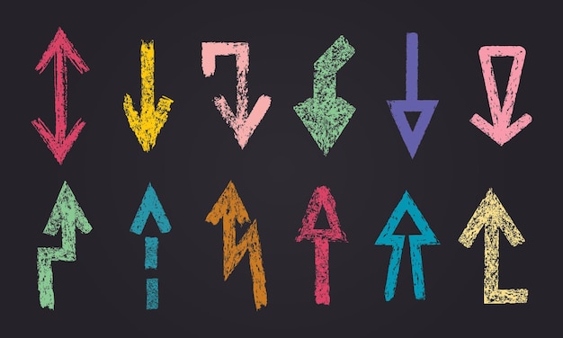 Puntos de tiza textura grunge colorida flechas de tiza lápiz abstracto áspero que indica formas conjunto de ilustraciones vectoriales planas flechas de carbón dibujadas a mano