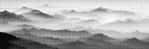 Puntos vectoriales de medio tono fondo efecto de punto desvanecido imitación de una bandera de paisaje de montaña