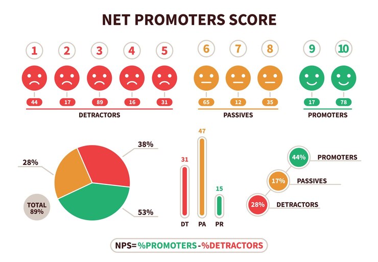Vector puntuación del promotor neto. fórmula de cálculo estructural de nps, scoring de marketing de promoción y trabajo en equipo de netting. gráfico de visualización detractor, pasivo y promotor con emoticonos vector infografía plana