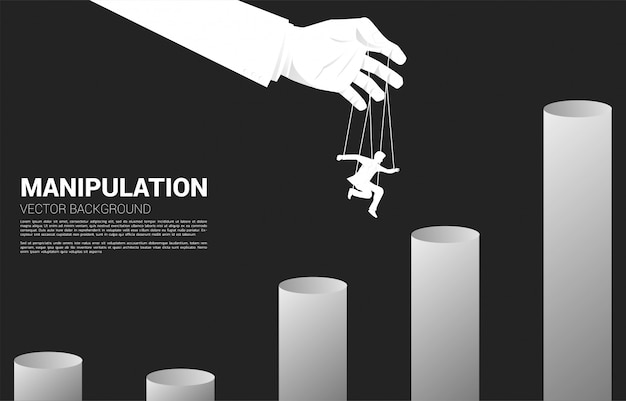 Puppet master controlando la silueta del empresario para saltar a una tabla más alta. concepto de manipulación y microgestión.