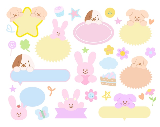Puppy conejo pastel mariposa cupcake flor corazón para el nombre etiqueta de texto burbuja mensaje de personaje de dibujos animados
