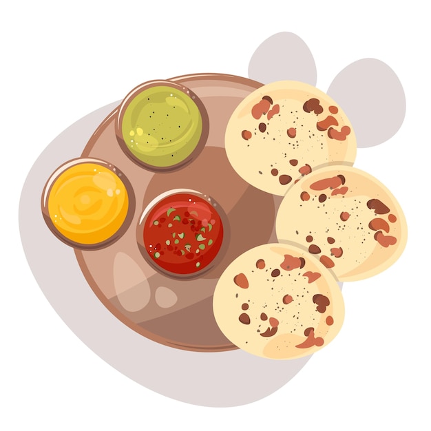 Vector pupusas comida tradicional latinoamericana. bolsas de harina de masa latina, salsa, guacamole. comida salvadora