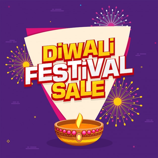 Purple Diwali Bandera de venta con lámpara de aceite ilustración.